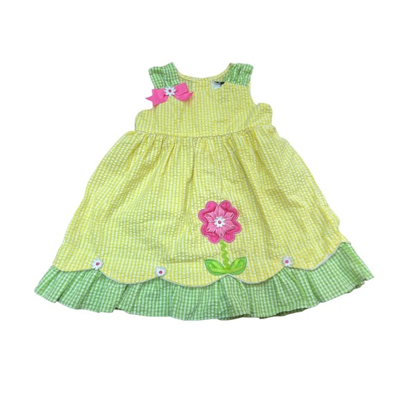 Rare Editions Other - Girls 24M Rare Edition Yellow Green‎ Gingham Seersucker Floral Accent Dress